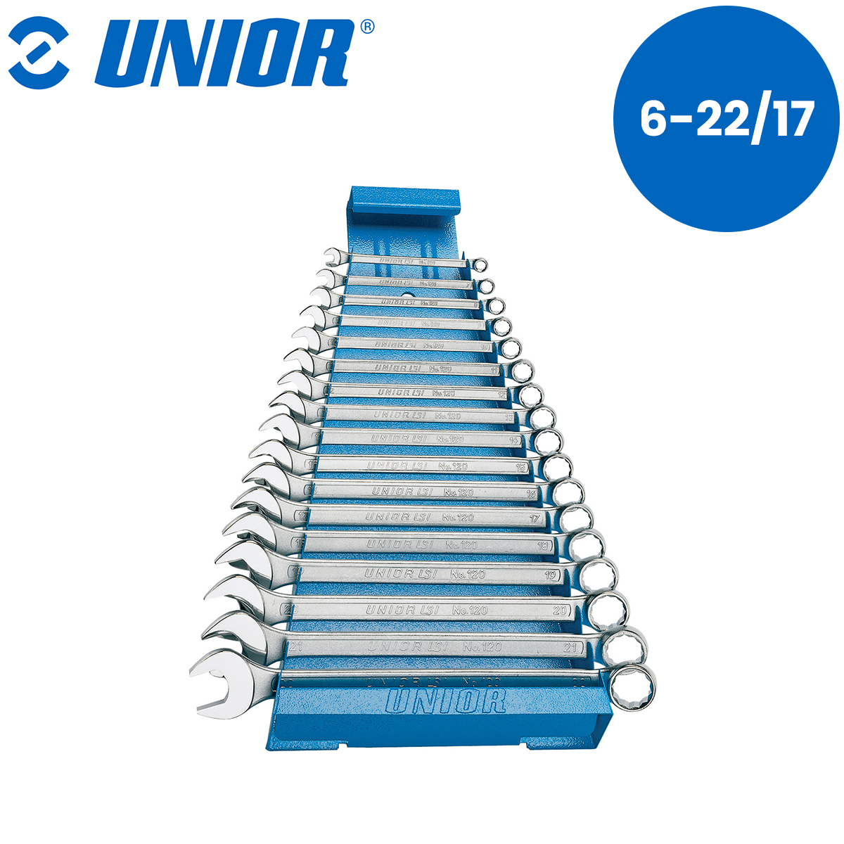 Set - garnitura ključeva viljuškasto-okastih dugih na metalnom stalku UNIOR 120 605537 6 - 22/17 Set viljuškasto-okastih ključeva dugih na metalnom stalku UNIOR 120 605537 6-22/17