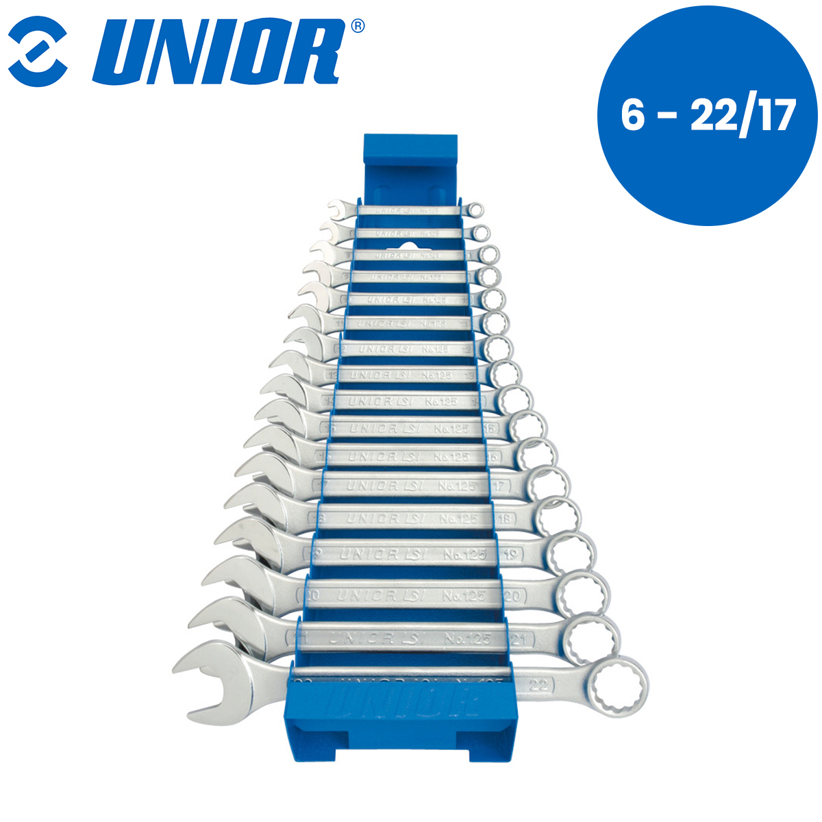 Garnitura - set ključeva viljuškasto-okastih kratkih na metalnom stalku UNIOR 125 605539 6 - 22 / 17 Set viljuškasto-okastih ključeva kratkih na metalnom stalku UNIOR 125 605539 6-22/17