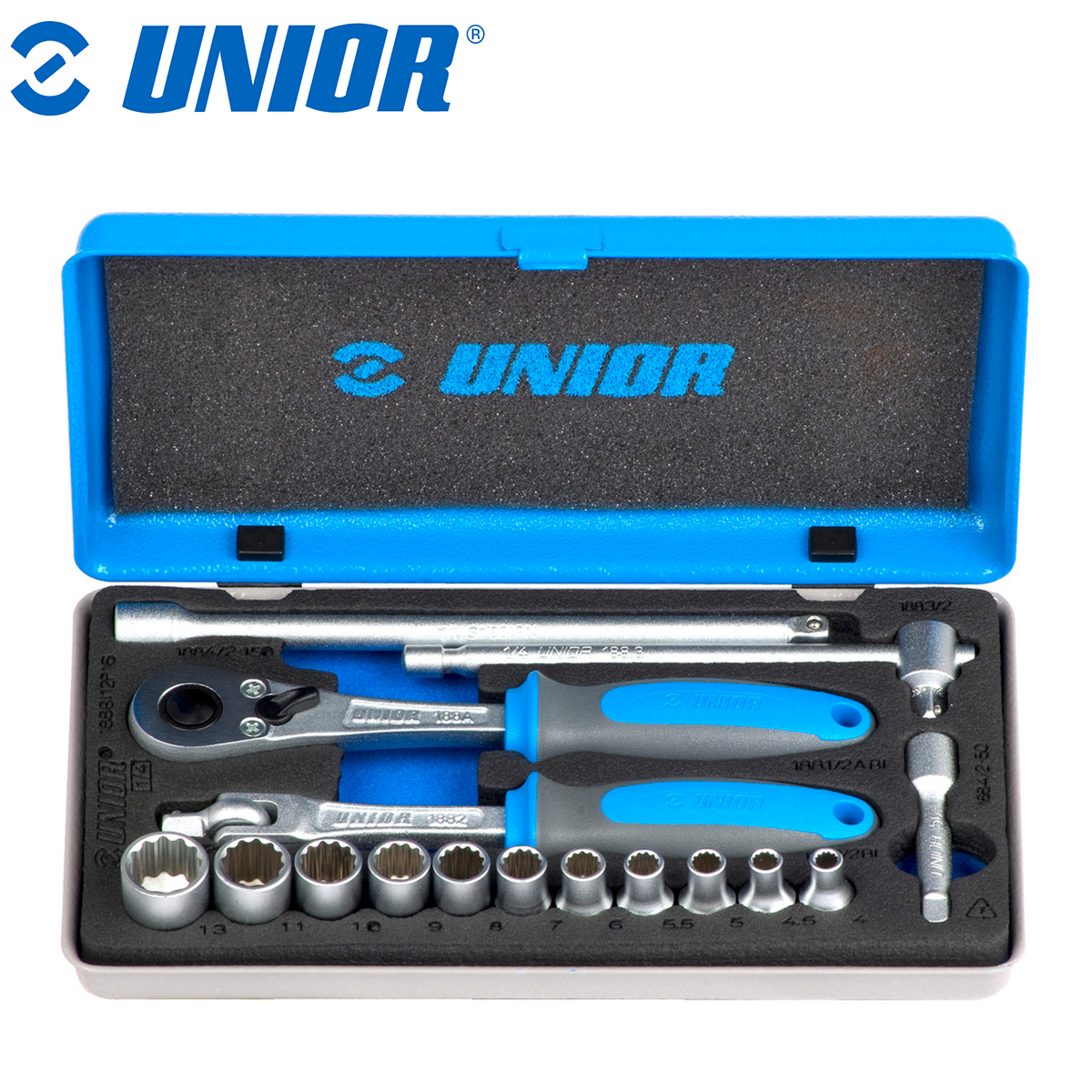 Set - garnitura ključeva nasadnih, prihvat 1/4" u metalnoj kutiji UNIOR 188 617118 Set nasadnih ključeva 12-kutni 1/4" UNIOR 188 617118 16-dijelni u metalnoj kutiji