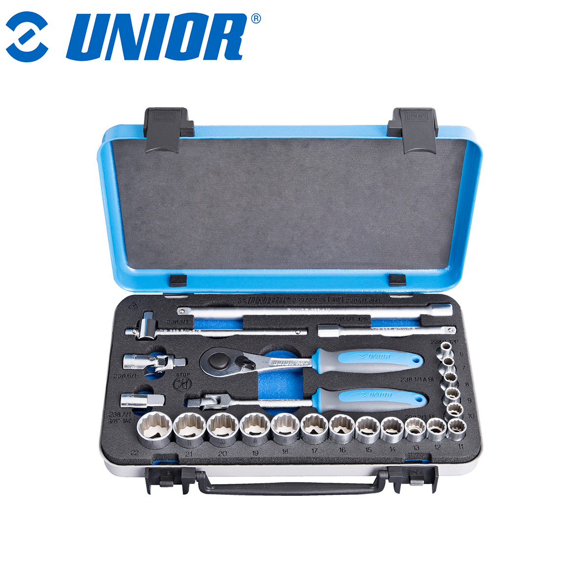 Set ključeva nasadnih prihvata dvanaestokutnih 3/8" u metalnoj kutiji UNIOR 239 617117 6 - 22/24 Set nasadnih ključeva 12-kutnih 3/8" u metalnoj kutiji UNIOR 239 617117 6-22/24