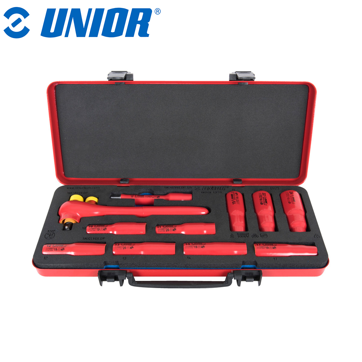 Garnitura - set ključevi nasadni izolirani dugi 1/2", u metalnoj kutiji UNIOR 190 625166 10 - 24/11 Set nasadnih ključeva izoliranih dugih 1/2" UNIOR 190 625166 10-24/11 u metalnoj kutiji