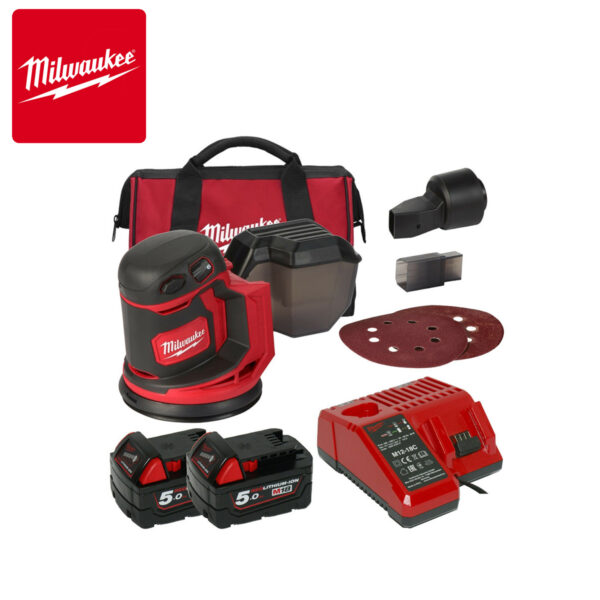 Aku ekscentrična - rotaciona brusilica Milwaukee M18 BOS125-502B 4933464229 125mm 18V sa dvije 5Ah baterije i punjačem u torbi