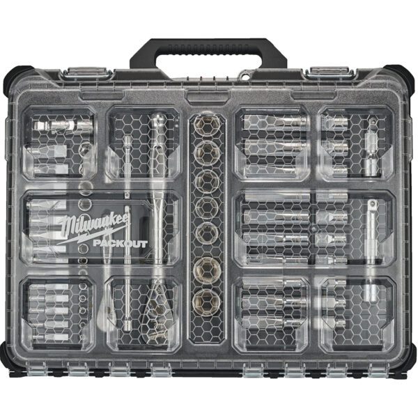 Set račni-gedora i nasadnih ključeva Milwaukee 1/4" i 1/2" 63 komada Packout 4932493661