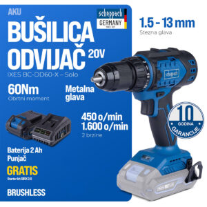 Aku bušilica - odvijač Scheppach BC-DD60-X 20V IXES 60Nm sa baterijom 2.0Ah i punjačem 2.4A