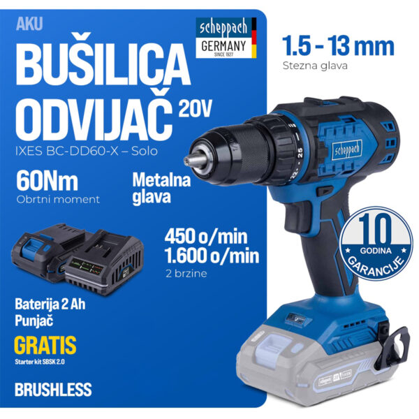 Aku bušilica - odvijač Scheppach BC-DD60-X 20V IXES 60Nm sa baterijom 2.0Ah i punjačem 2.4A