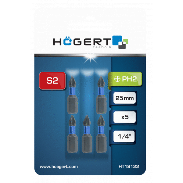 Križni bit za električne odvijače Hoegert HT1S122 PH2 1/4" S2 25mm 5 kom