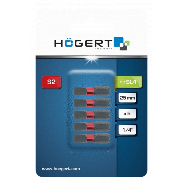 Ravni bit za električne odvijače Hoegert HT1S130 SL4 1/4" S2 25mm 5 kom