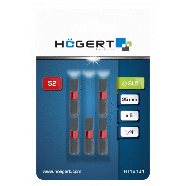 Ravni bit za električne odvijače Hoegert HT1S131 SL5 1/4" S2 25mm 5 kom