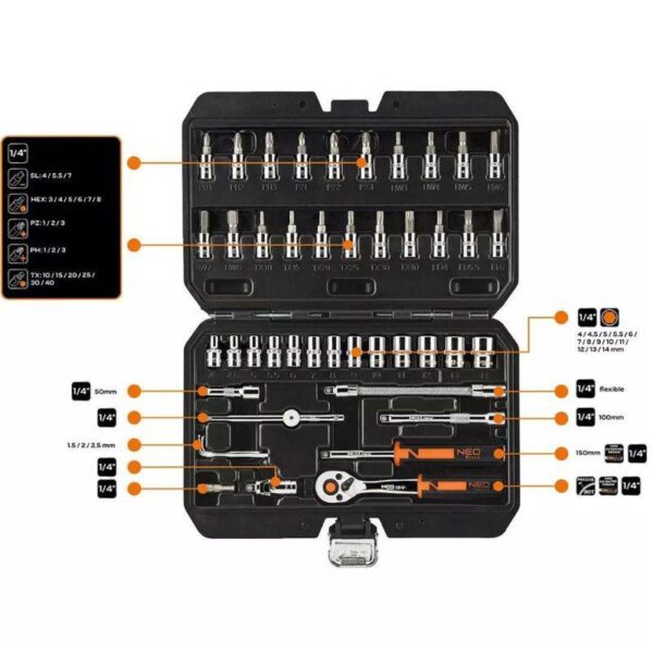 Set nasadnih ključeva sa račnom Neo Tools 10-004 1/4" 46-dijelni
