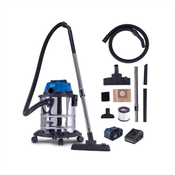 Aku usisivač za mokro-suho usisavanje Scheppach IXES C-NTS20-X 5907739400 sa 4.0Ah baterijom i punjačem