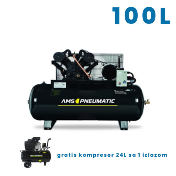 Električni monofazni kompresor sa remenom AMS Pneumatic AM-2065/8 2240W 100L sa gratis kompresorom 24L