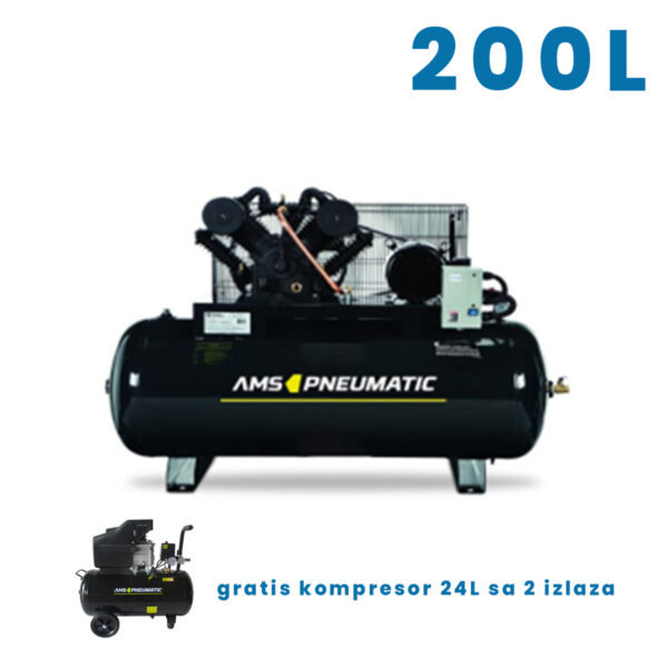 Električni monofazni kompresor sa remenom AMS Pneumatic AM-2070/8 3000W 200L sa gratis kompresorom 24L