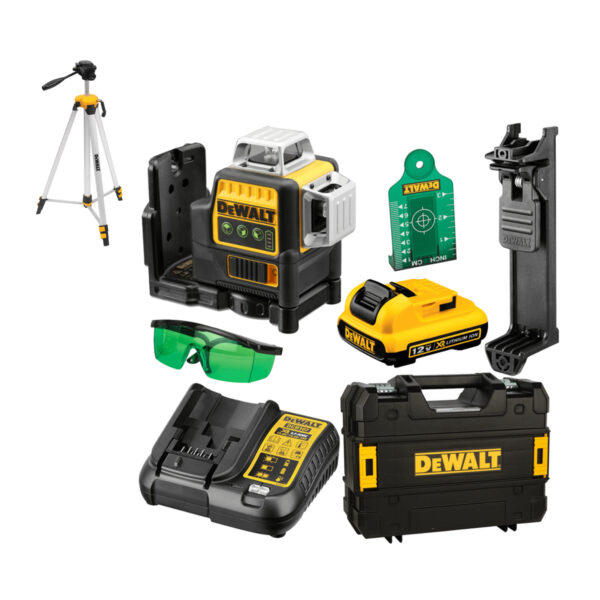 Aku laserski nivelir - križni sa stalkom DeWalt SET DCE089D1G+DE0881 12V 30m sa baterijom 2.0Ah i punjačem u koferu