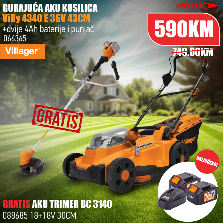 Gurajuća aku kosilica - kosačica Villager 36V 43cm sa dvije 4Ah baterije i punjačem Villy 4340 E