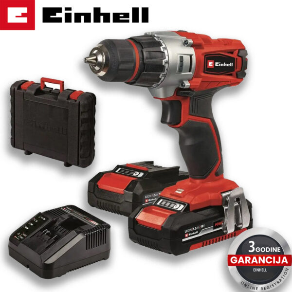 Aku bušilica-odvijač Einhell TE-CD 18/2 Li Kit 18V 44Nm 4513830 sa 2 baterije njačem 1.5 Ah i puu koferu