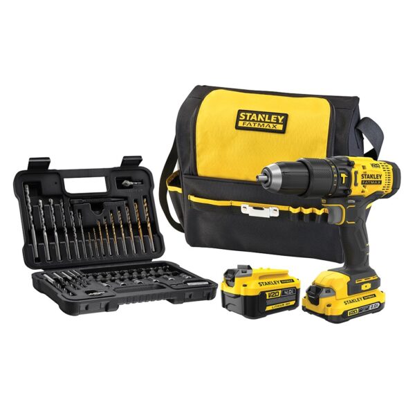 Aku udarna bušilica sa setom pribora Stanley SFMCD711DMA V20 sa 2 baterije 2.0Ah i 4.0Ah i brzim punjačem u torbi