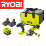 Aku bušilica-odvijač i ugaona-kutna brusilica Ryobi R18DDAG-220S sa 2 baterije i punjačem u koferu