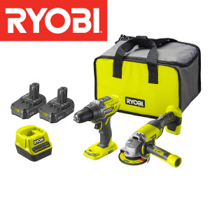 Aku bušilica-odvijač i ugaona-kutna brusilica Ryobi R18DDAG-220S sa 2 baterije i punjačem u koferu